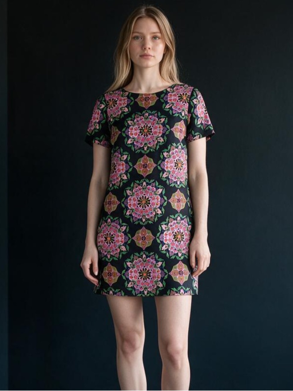 J. Crew Lined Black Shift Dress with Pink & Green Floral Mosaic